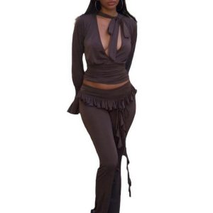 Casual Women's Solid Color Ruffle Ribbon Knit Flared Pencil Pants - Autumn Street Style Fashion