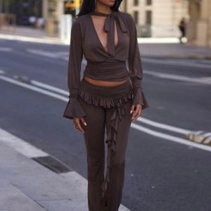 Casual Women's Solid Color Ruffle Ribbon Knit Flared Pencil Pants - Autumn Street Style Fashion