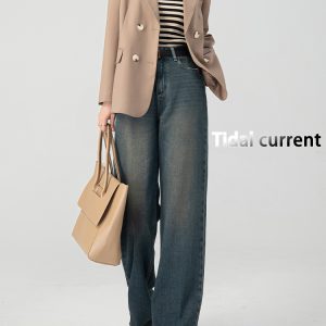 Cement Gray Fleece-Lined Wide-Leg Straight-Leg Jeans for Women, Loose Fit Floor-Length Pants, 2024 Autumn Winter Style, Petite Sizes