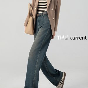 Cement Gray Fleece-Lined Wide-Leg Straight-Leg Jeans for Women, Loose Fit Floor-Length Pants, 2024 Autumn Winter Style, Petite Sizes