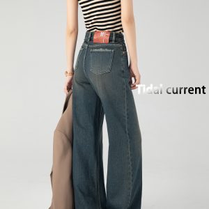 Cement Gray Fleece-Lined Wide-Leg Straight-Leg Jeans for Women, Loose Fit Floor-Length Pants, 2024 Autumn Winter Style, Petite Sizes