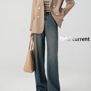 Cement Gray Fleece-Lined Wide-Leg Straight-Leg Jeans for Women, Loose Fit Floor-Length Pants, 2024 Autumn Winter Style, Petite Sizes