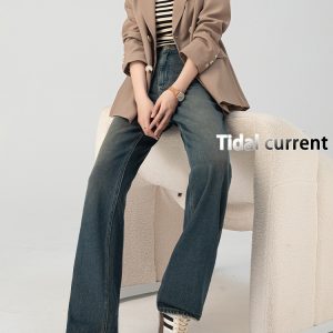 Cement Gray Fleece-Lined Wide-Leg Straight-Leg Jeans for Women, Loose Fit Floor-Length Pants, 2024 Autumn Winter Style, Petite Sizes