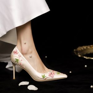 Champagne Wedding Shoes for Bridal High Heels, Two-in-One Chinese-Style Embroidered Qipao Shoes, Elegant Xiuhe Dress Footwear