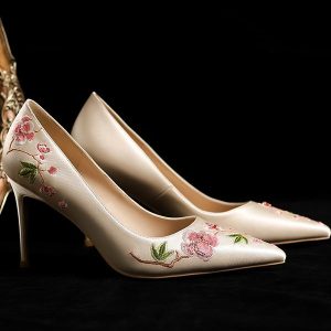 Champagne Wedding Shoes for Bridal High Heels, Two-in-One Chinese-Style Embroidered Qipao Shoes, Elegant Xiuhe Dress Footwear