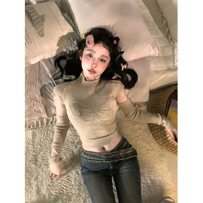 Charming Spicy Butterfly Detachable Half High Neck Knitted Top for Women – Trendy Square Design, Perfect for 90s and Y2K Fashion