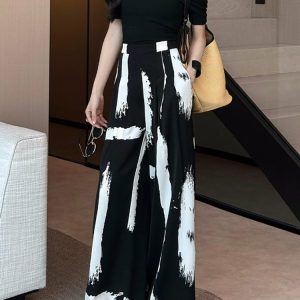 Chic Black and White Color-Block Wide-Leg Pants for Women - Stylish Slimming Floor-Length Design for Summer 2025 Fashion