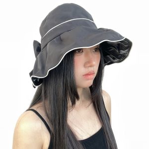 Chic Black Bow Large Brim Sun Hat for Women - Casual UV Protection Hat for a Flattering Face Shape