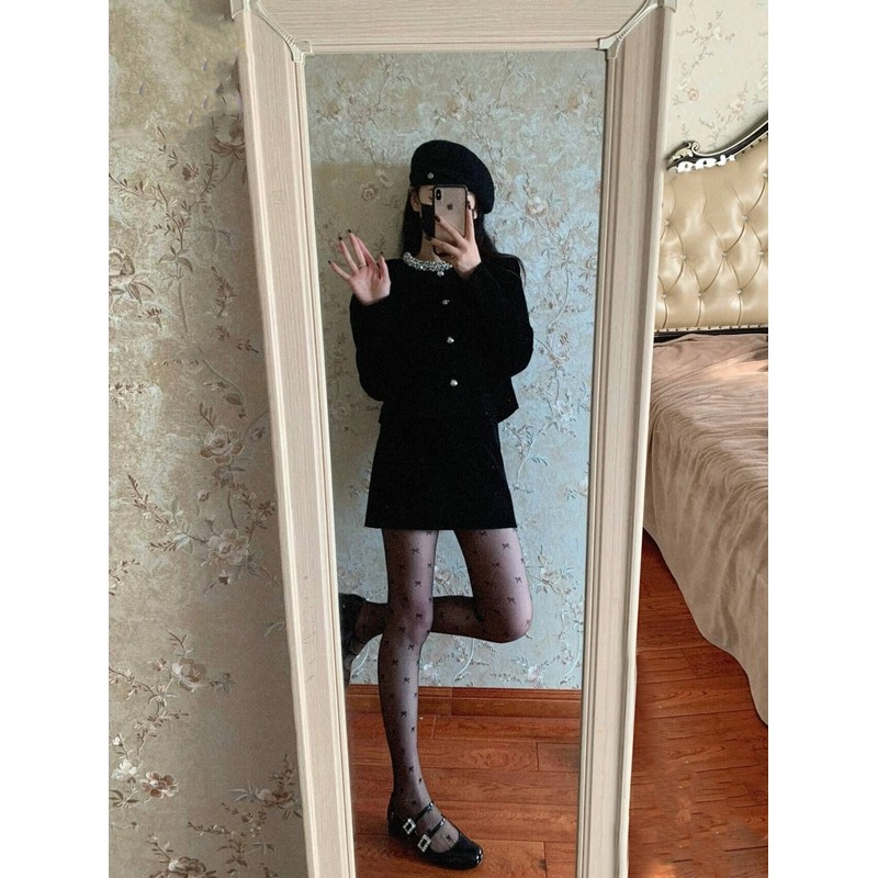Chic Black Velvet Two-Piece Set for Women - Short Jacket and Mini Skirt, Elegant and Sophisticated Fall/Winter Fashion