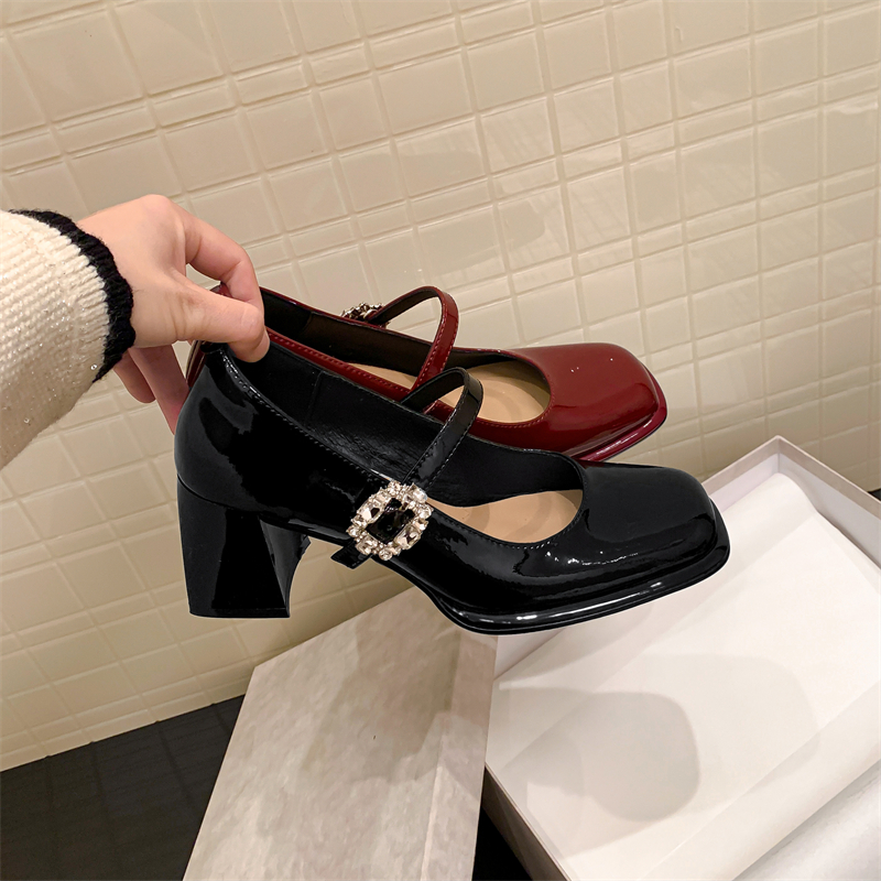 Chic Cowhide Patent Leather Rhinestone One-Strap Chunky Heel Mary Jane Shoes - Fairy Style High Heels for a Statement Look