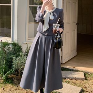 Chic Gray Suit Set for Women - Elegant Two-Piece Blazer and Skirt Outfit, 2025 Spring Fashion, Sophisticated Style