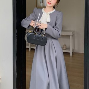 Chic Gray Suit Set for Women - Elegant Two-Piece Blazer and Skirt Outfit, 2025 Spring Fashion, Sophisticated Style