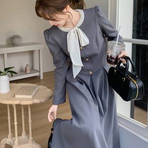 Chic Gray Suit Set for Women - Elegant Two-Piece Blazer and Skirt Outfit, 2025 Spring Fashion, Sophisticated Style