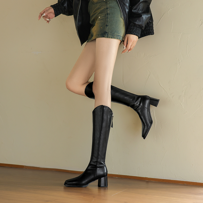 Chic High-End Genuine Leather V-Shaped Over-the-Knee Slim Long Tube Boots - Women's Square-Toe High-Heeled Riding Boots