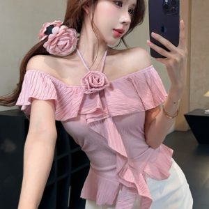 Chic Off-Shoulder Floral Chiffon Top with Flowing Ribbons – Unique Irregular Design, High-End Fashion, Sweet and Spicy Style