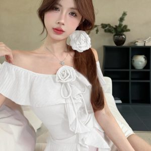 Chic Off-Shoulder Floral Chiffon Top with Flowing Ribbons – Unique Irregular Design, High-End Fashion, Sweet and Spicy Style