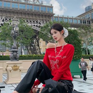 Chic Rhinestone Off-Shoulder Red Knitted Women's Top for Autumn Winter - Sexy Hot Girl Style, French Letter Design