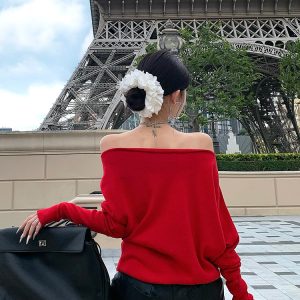 Chic Rhinestone Off-Shoulder Red Knitted Women's Top for Autumn Winter - Sexy Hot Girl Style, French Letter Design