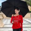 Chic Rhinestone Off-Shoulder Red Knitted Women's Top for Autumn Winter - Sexy Hot Girl Style, French Letter Design