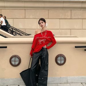 Chic Rhinestone Off-Shoulder Red Knitted Women's Top for Autumn Winter - Sexy Hot Girl Style, French Letter Design