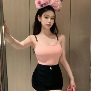 Chic Two-Piece Outfit for Petite Women - Spicy Girl Camisole and Denim Shorts Set, Trendy Summer Style