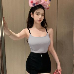Chic Two-Piece Outfit for Petite Women - Spicy Girl Camisole and Denim Shorts Set, Trendy Summer Style