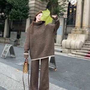 Chic Two-Piece Outfit Set for Women: Cozy Pullover Sweater & Slimming Wide-Leg Pants - Perfect for Late Autumn & Early Winter Fashion