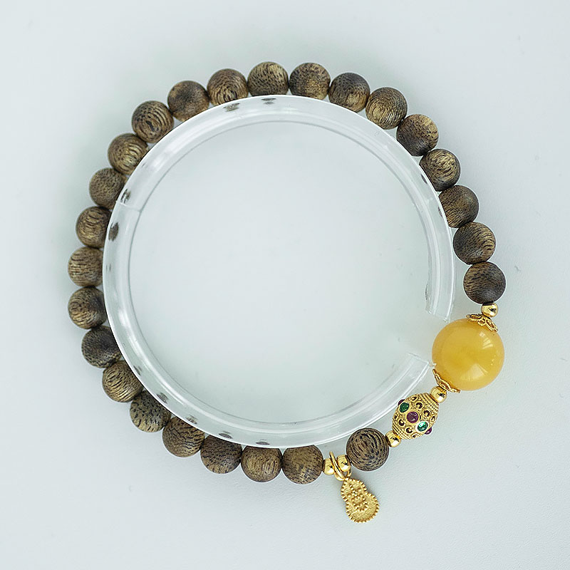 Chinese Style Agarwood Honey Wax Bracelet with Buddha Beads - Ethnic Prayer Beads Cultural Hand Accessories