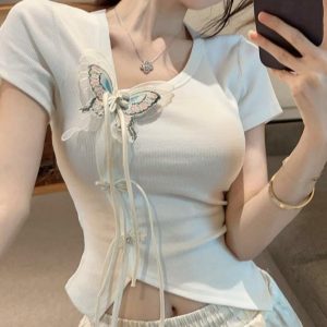 Chinese Style Butterfly Decorative Short Sleeve T-Shirt for Women - Irregular Button Tassel Slim Fit - Summer Y2K Fashion