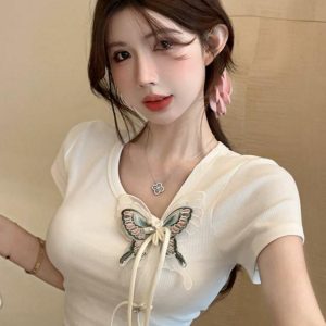 Chinese Style Butterfly Decorative Short Sleeve T-Shirt for Women - Irregular Button Tassel Slim Fit - Summer Y2K Fashion