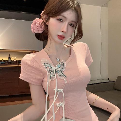 Chinese Style Butterfly Decorative Short Sleeve T-Shirt for Women - Irregular Button Tassel Slim Fit - Summer Y2K Fashion