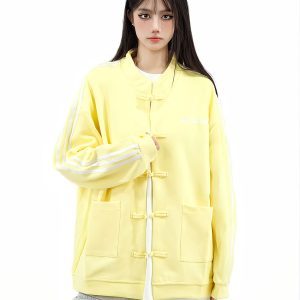 Chinese Style Button Jacket for Couples - Trendy Casual Autumn Top with Amoeba Design - National Trend Fashion
