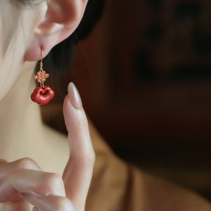 Chinese Style Cinnabar and Silver Drop Earrings for Women - Festive Zodiac Year Design, National Wind Aesthetic