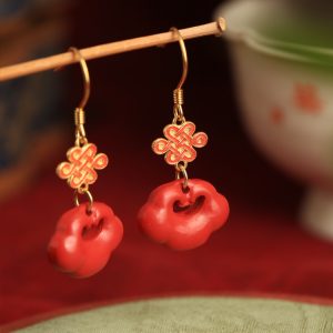 Chinese Style Cinnabar and Silver Drop Earrings for Women - Festive Zodiac Year Design, National Wind Aesthetic