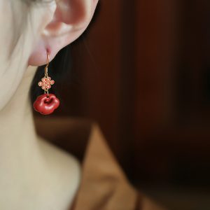 Chinese Style Cinnabar and Silver Drop Earrings for Women - Festive Zodiac Year Design, National Wind Aesthetic