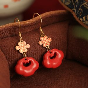 Chinese Style Cinnabar and Silver Drop Earrings for Women - Festive Zodiac Year Design, National Wind Aesthetic