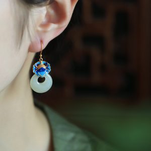 Chinese Style Cloisonné Blue Peony Earrings for Women - Hetian Jade & Pure Silver Enamel Peace Buckle Design