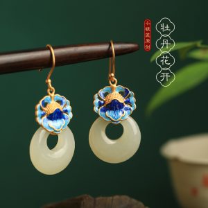 Chinese Style Cloisonné Blue Peony Earrings for Women - Hetian Jade & Pure Silver Enamel Peace Buckle Design