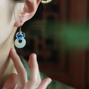 Chinese Style Cloisonné Blue Peony Earrings for Women - Hetian Jade & Pure Silver Enamel Peace Buckle Design