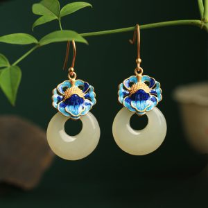 Chinese Style Cloisonné Blue Peony Earrings for Women - Hetian Jade & Pure Silver Enamel Peace Buckle Design