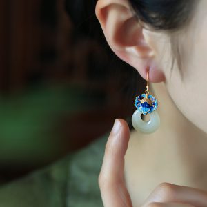 Chinese Style Cloisonné Blue Peony Earrings for Women - Hetian Jade & Pure Silver Enamel Peace Buckle Design