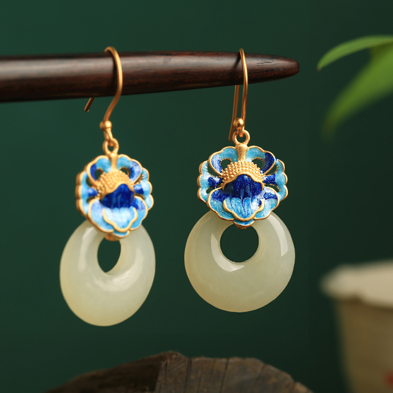 Chinese Style Cloisonné Blue Peony Earrings for Women - Hetian Jade & Pure Silver Enamel Peace Buckle Design