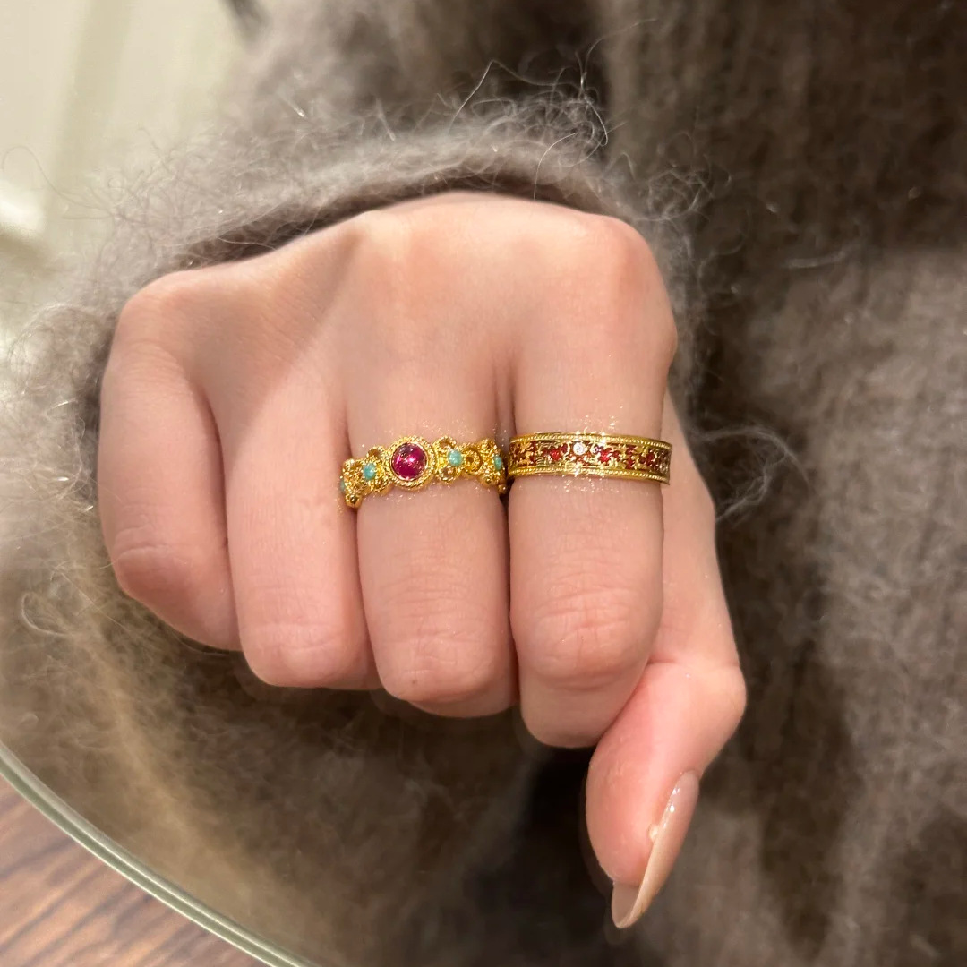 Chinese-Style Cloisonné Enamel Ring for Women, Colorful Window Flower Design, National Palace Museum Inspired, Versatile 2025 Jewelry