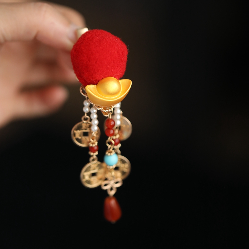 Chinese-Style Festive Red Ingot Hairpin - Copper Coin Pom-Pom Hanfu Hair Accessories for Autumn Winter New Year Celebration