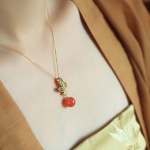 Chinese Style Flower Branch Red Agate Necklace with Silver Pendant and Fortune Bead - Natural Ice Zhongnan Design for Women