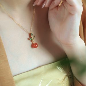 Chinese Style Flower Branch Red Agate Necklace with Silver Pendant and Fortune Bead - Natural Ice Zhongnan Design for Women
