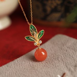 Chinese Style Flower Branch Red Agate Necklace with Silver Pendant and Fortune Bead - Natural Ice Zhongnan Design for Women