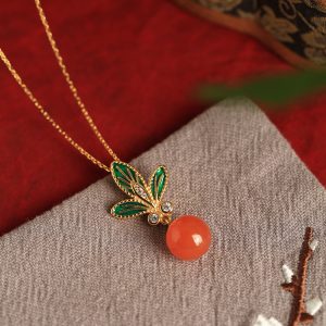 Chinese Style Flower Branch Red Agate Necklace with Silver Pendant and Fortune Bead - Natural Ice Zhongnan Design for Women
