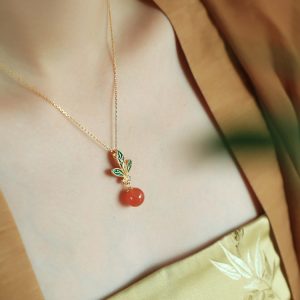 Chinese Style Flower Branch Red Agate Necklace with Silver Pendant and Fortune Bead - Natural Ice Zhongnan Design for Women