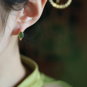 Chinese Style Green Jade Ear Clips for Women, Light Luxury Gold-Inlaid Jade Earrings, National Wind Ear Accessories